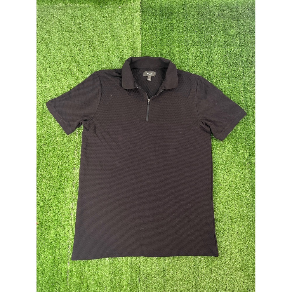 FLX Mens Black Textured Waffle Knit Quarter Zip Polo Shirt Size LT